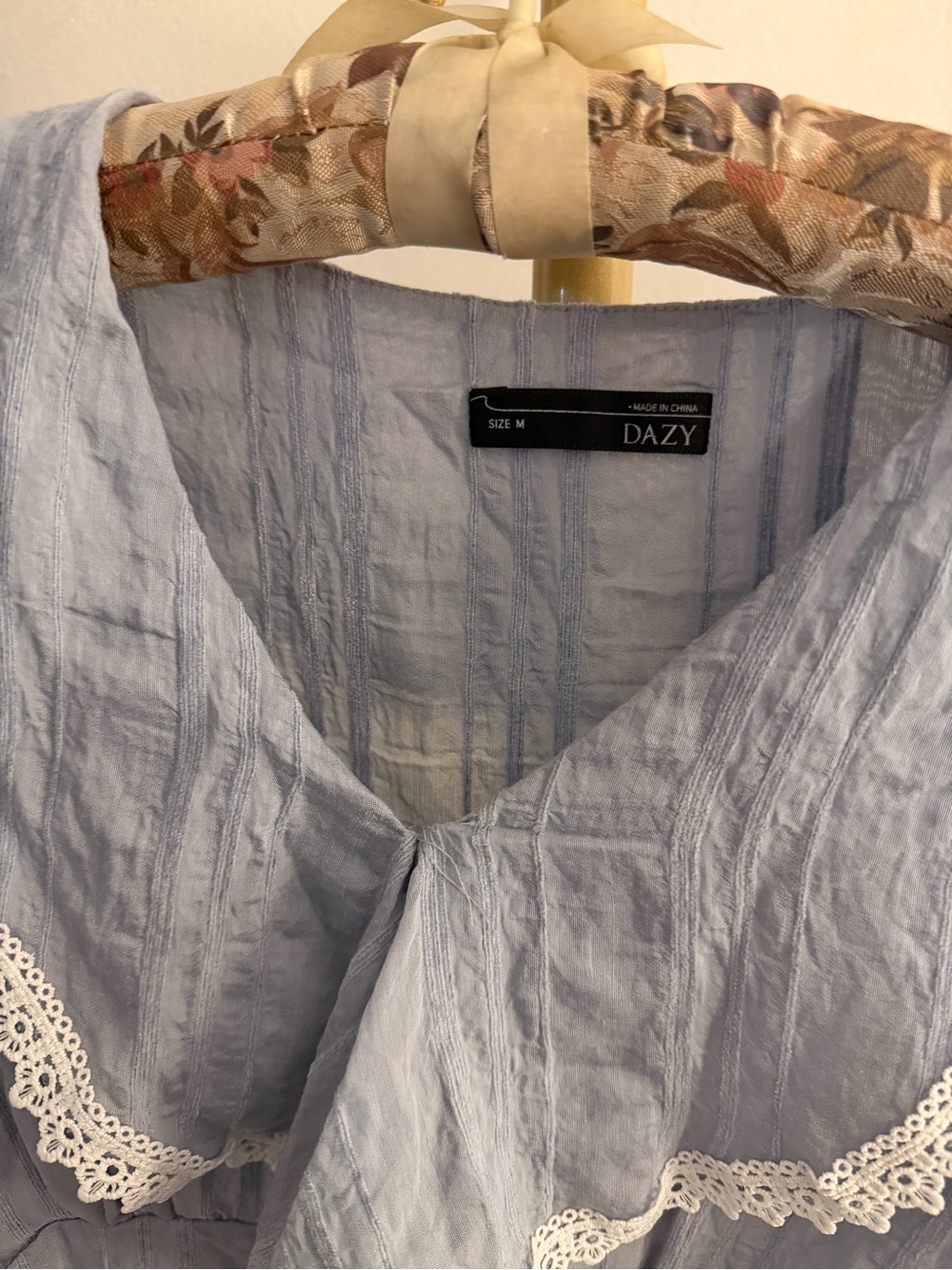 Pale Blue Lace-Trim V-Neck Women's Top - Picture 2 of 5